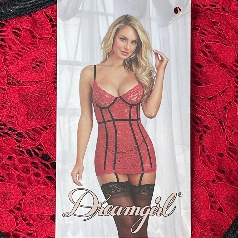 Dreamgirl Ruby Red Lace Underwire Bustier Corset Chemise Garter Strap Size Small